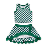 Girls sleeveless green plaid top and scallop skirt active wear set by Mini Rodeo, perfect for casual and playful outfits.