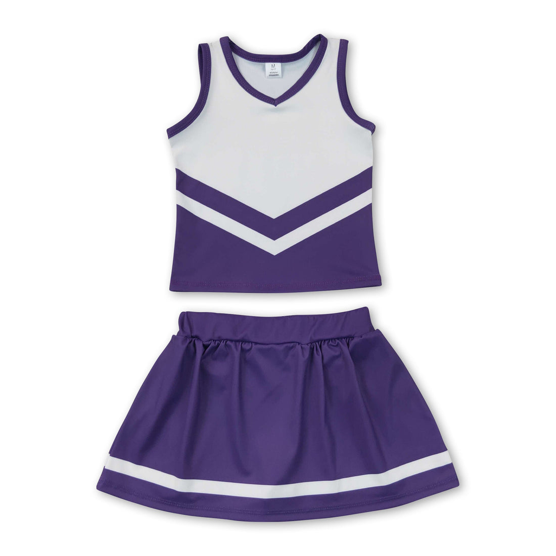Girl cheerleader sleeveless white and purple top with matching skirt, Mini Rodeo active team set for girls.