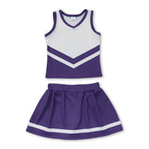 Girl cheerleader sleeveless white and purple top with matching skirt, Mini Rodeo active team set for girls.