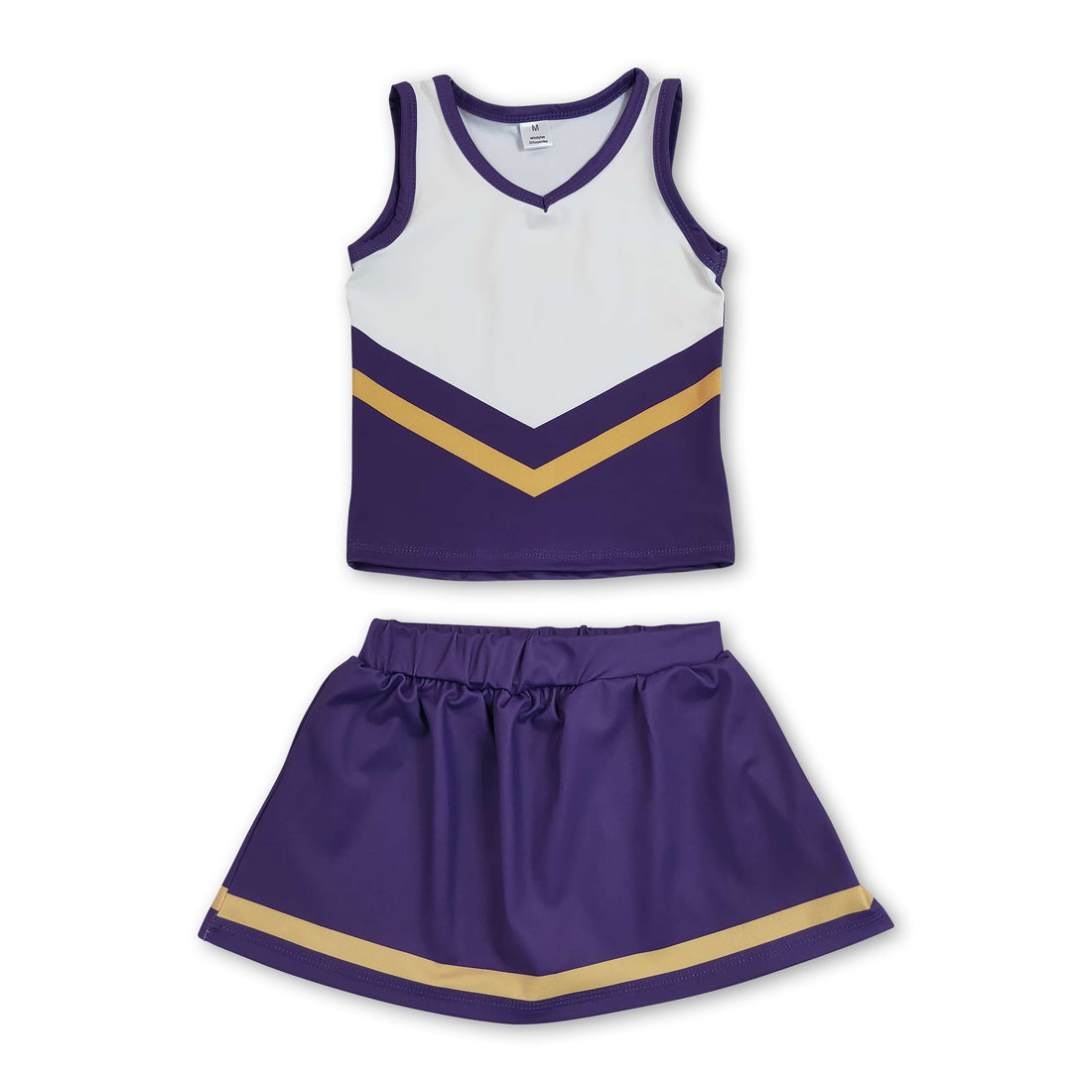 Girls sleeveless gold and purple cheerleader top and skirt set by Mini Rodeo, featuring a short-sleeve top and matching skirt.