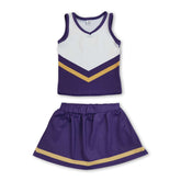 Girls sleeveless gold and purple cheerleader top and skirt set by Mini Rodeo, featuring a short-sleeve top and matching skirt.