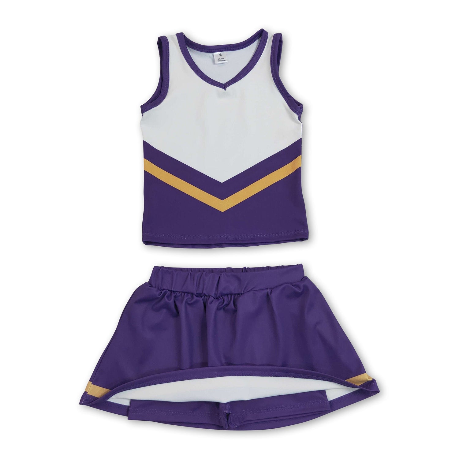 Sleeveless gold purple top skirt girls team cheer active set