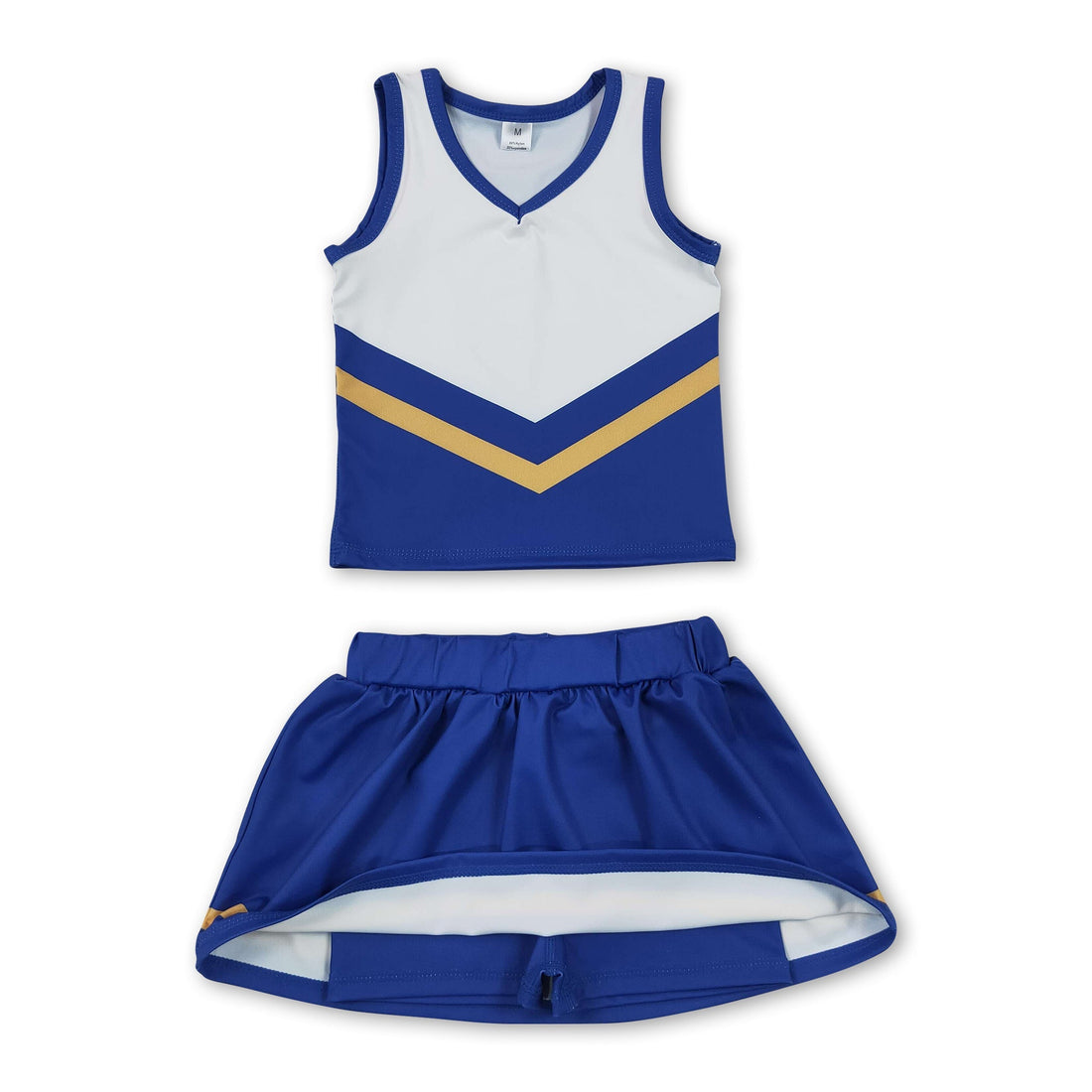 Girls cheer active set with sleeveless gold and blue top and matching skirt from Mini Rodeo, perfect for sports and team activities.