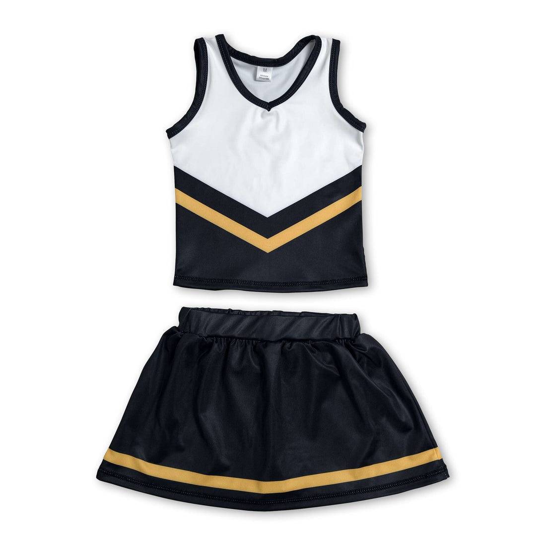 Girl cheerleader set including sleeveless gold and black top and matching skirt by Mini Rodeo, perfect for active team sports.