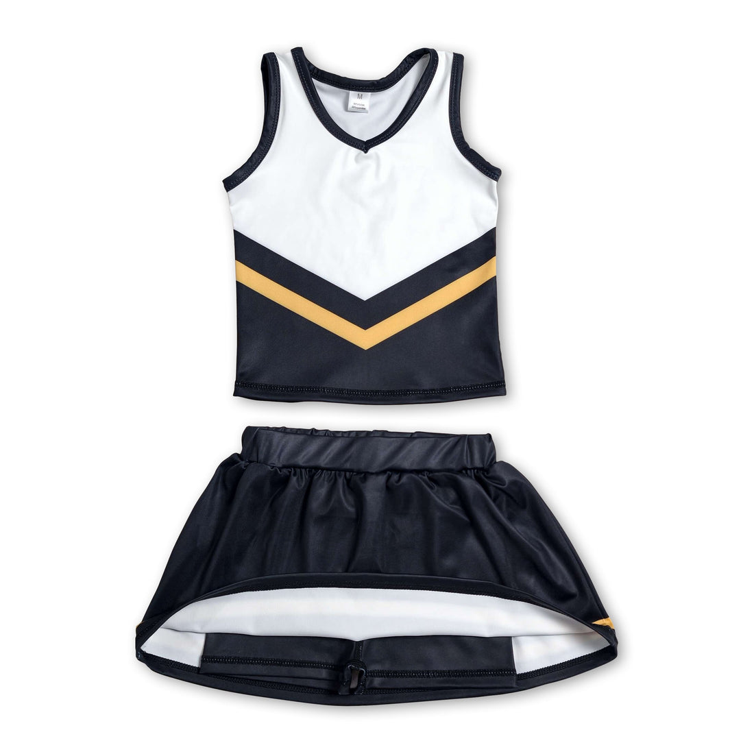 Mini Rodeo girl sleeveless gold and black cheer active set with short sleeves top and matching skirt for team sports.