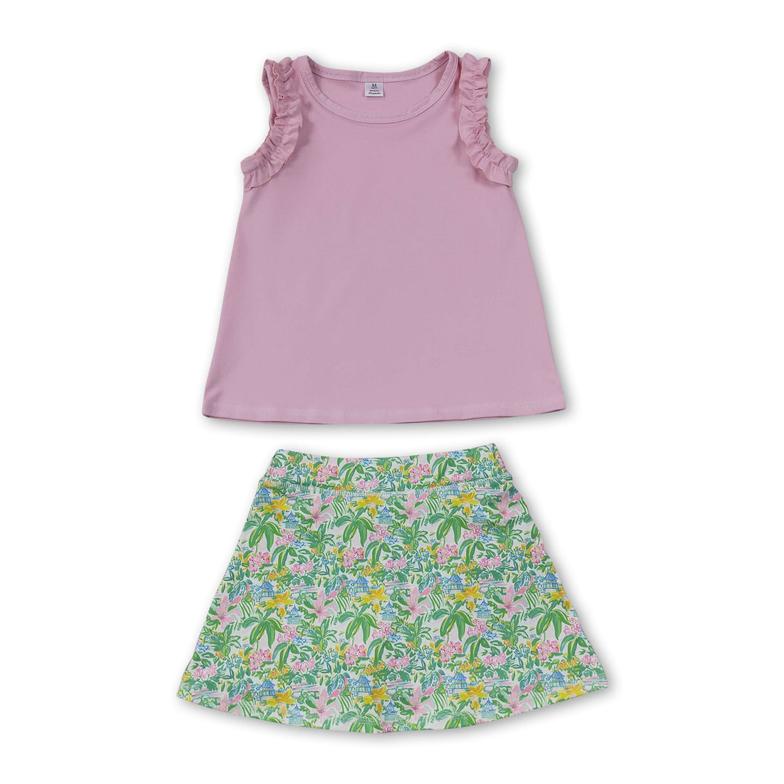 Pink sleeveless ruffle top and floral skirt set for girls, featuring a short sleeves girl active wear outfit by Mini Rodeo.