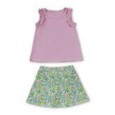 Pink sleeveless ruffle top and floral skirt set for girls, featuring a short sleeves girl active wear outfit by Mini Rodeo.