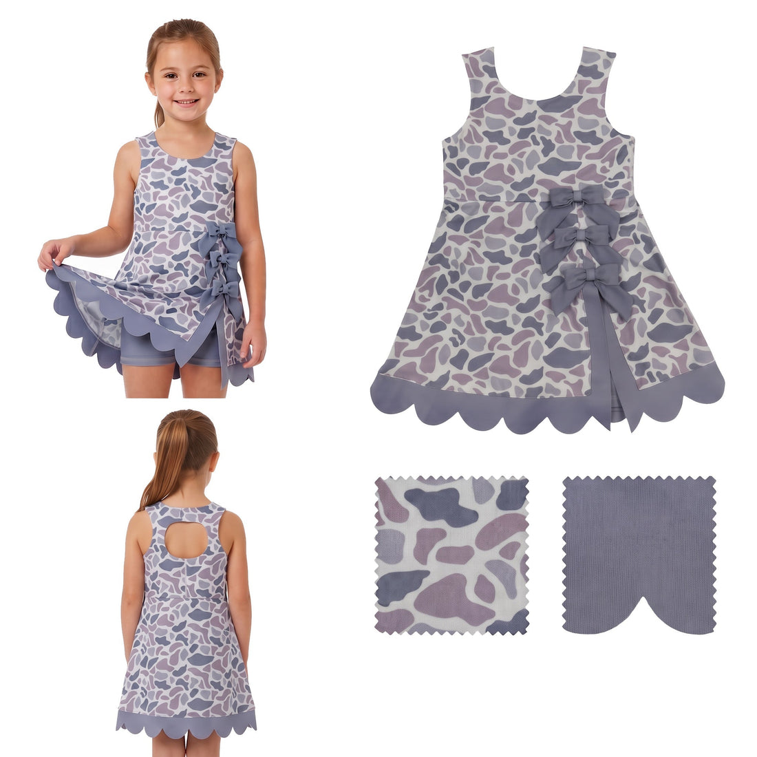 Grey camo bow scallop kids girls summer athletic dresses