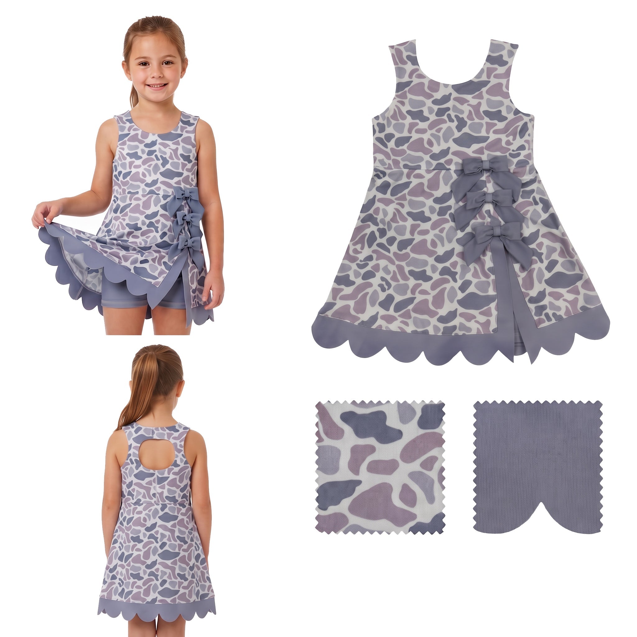 Grey camo bow scallop kids girls summer athletic dresses