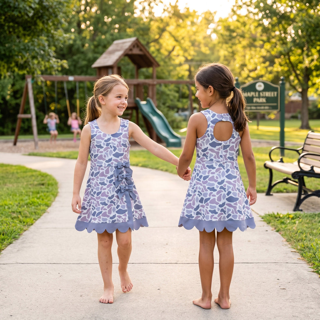 Grey camo bow scallop kids girls summer athletic dresses