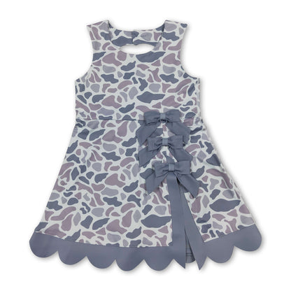Grey camo bow scallop kids girls summer athletic dresses