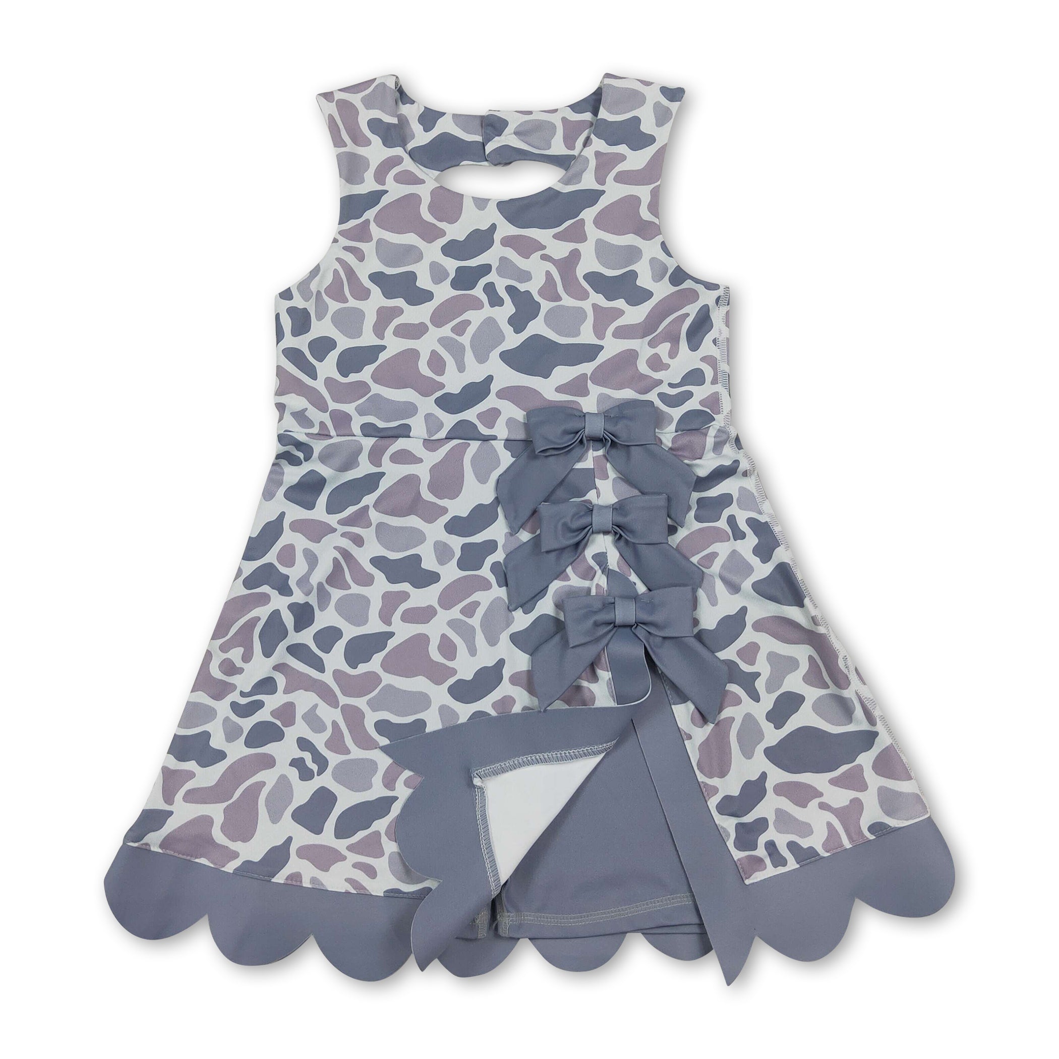 Grey camo bow scallop kids girls summer athletic dresses