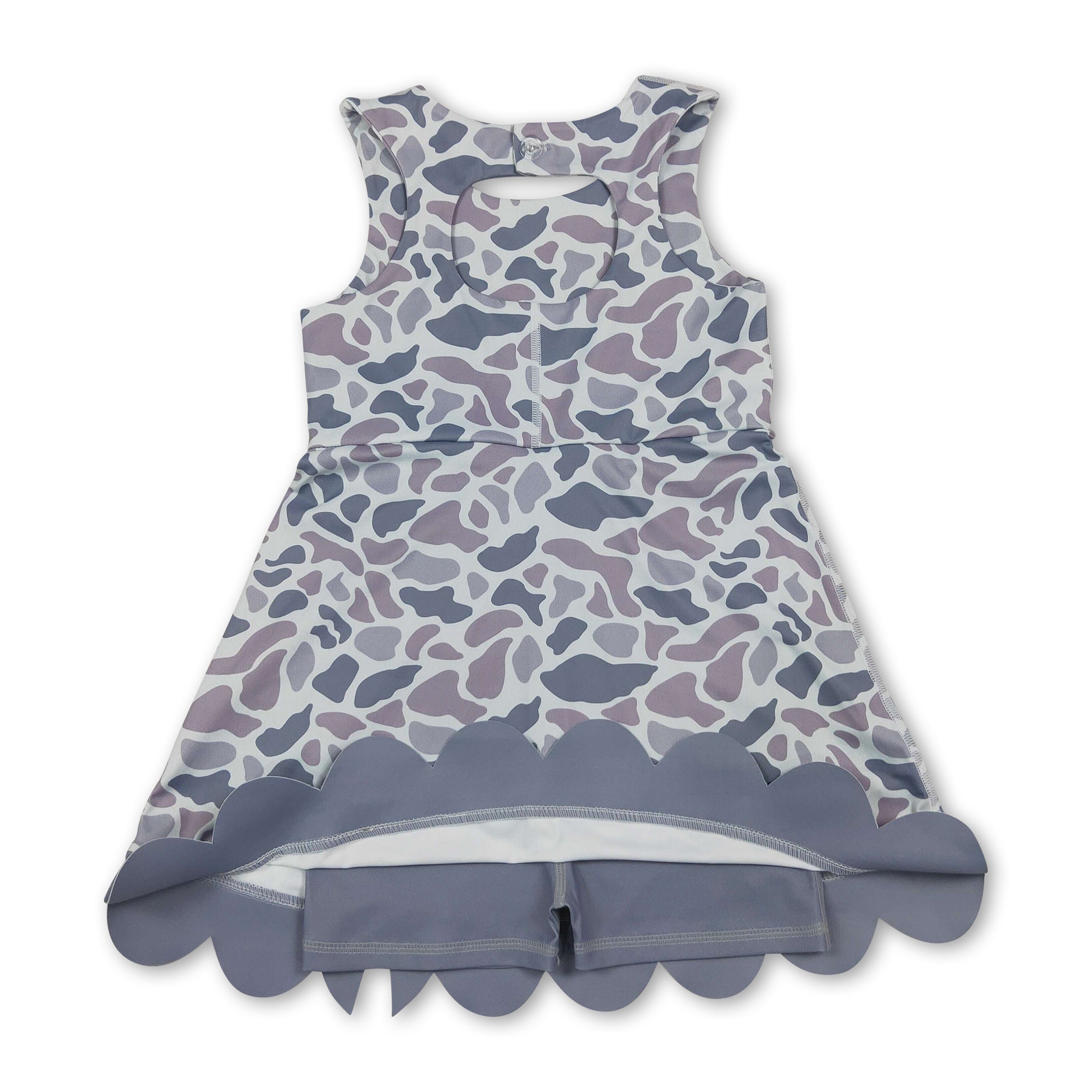 Grey camo bow scallop kids girls summer athletic dresses
