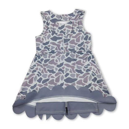 Grey camo bow scallop kids girls summer athletic dresses