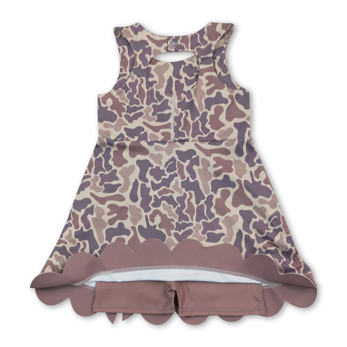 Sleeveless khaki camo scallop kids girls athletic dresses