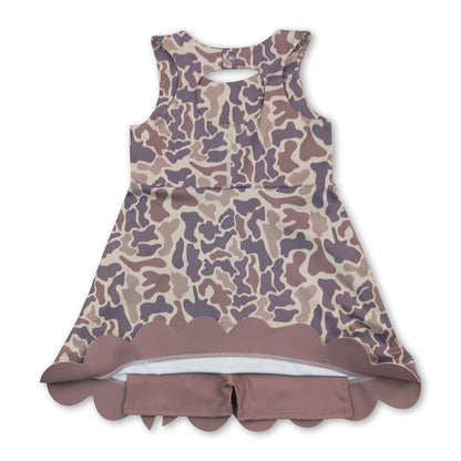 Sleeveless khaki camo scallop kids girls athletic dresses