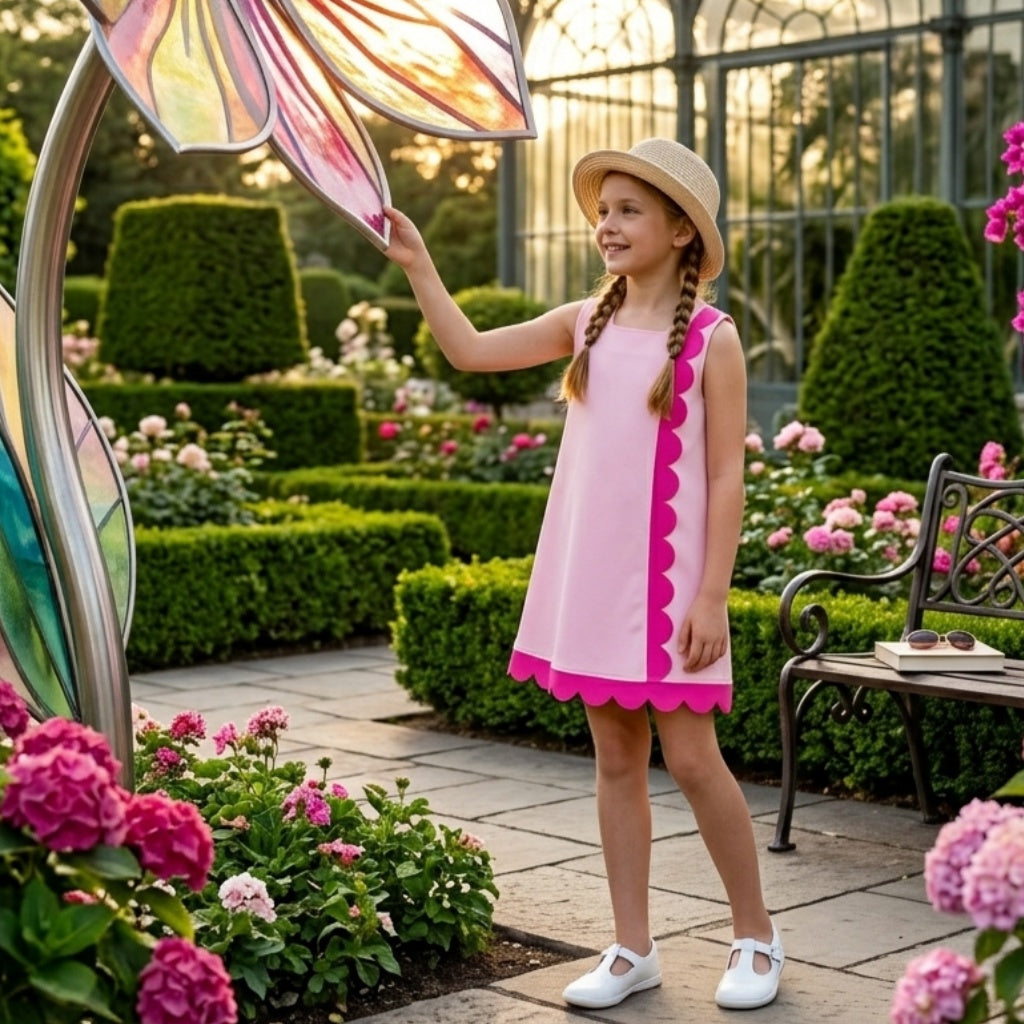 Sleeveless pink scallop cotton girls summer dress