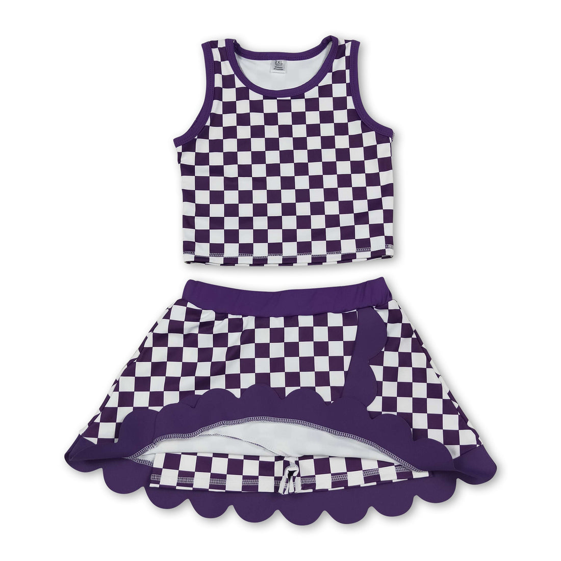Scallop blue plaid girls summer team active wear set