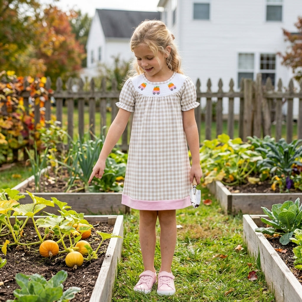 Short sleeves plaid pumpkin smocked girls fall dress