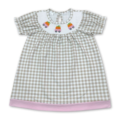 Short sleeves plaid pumpkin smocked girls fall dress