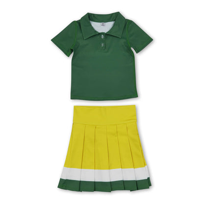 Polo top yellow white green pleated skirt girls team active wear