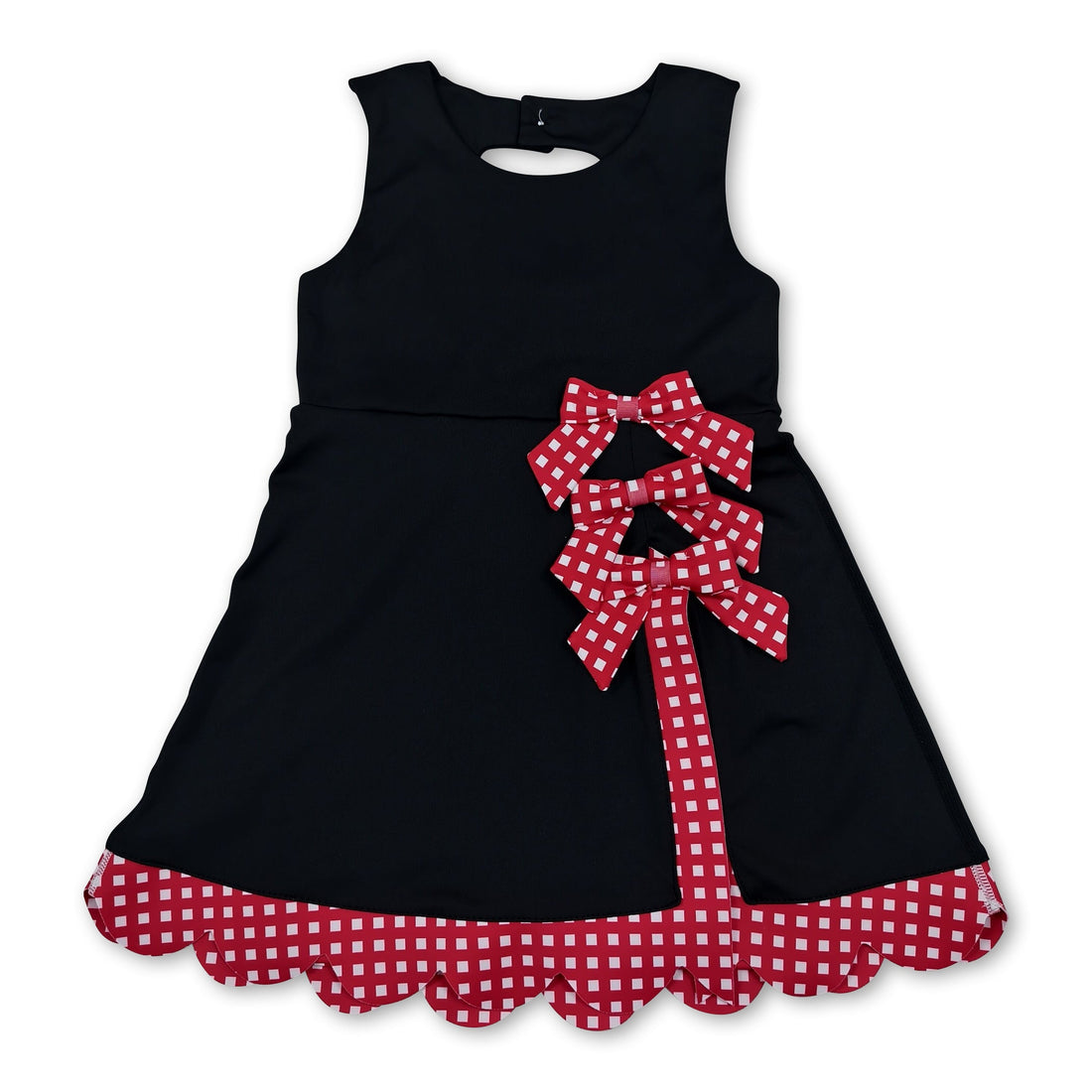 Sleeveless plaid scallop black kids girls athletic dresses