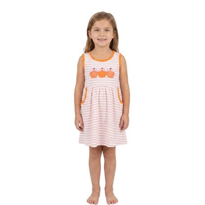 Sleeveless stripe pumpkin bow embroidery girls fall dress