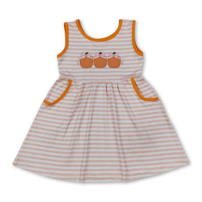Sleeveless stripe pumpkin bow embroidery girls fall dress