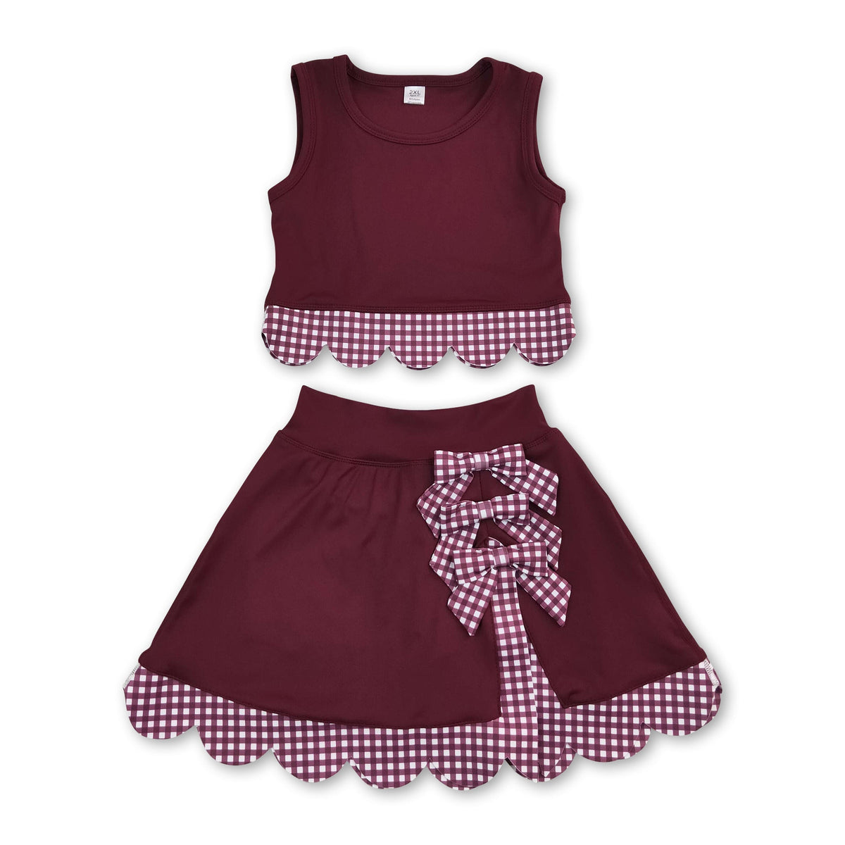 Sleeveless maroon plaid scallop girls summer active wear set