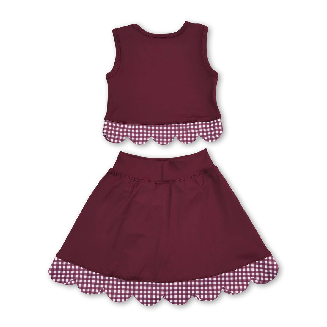 Sleeveless maroon plaid scallop girls summer active wear set