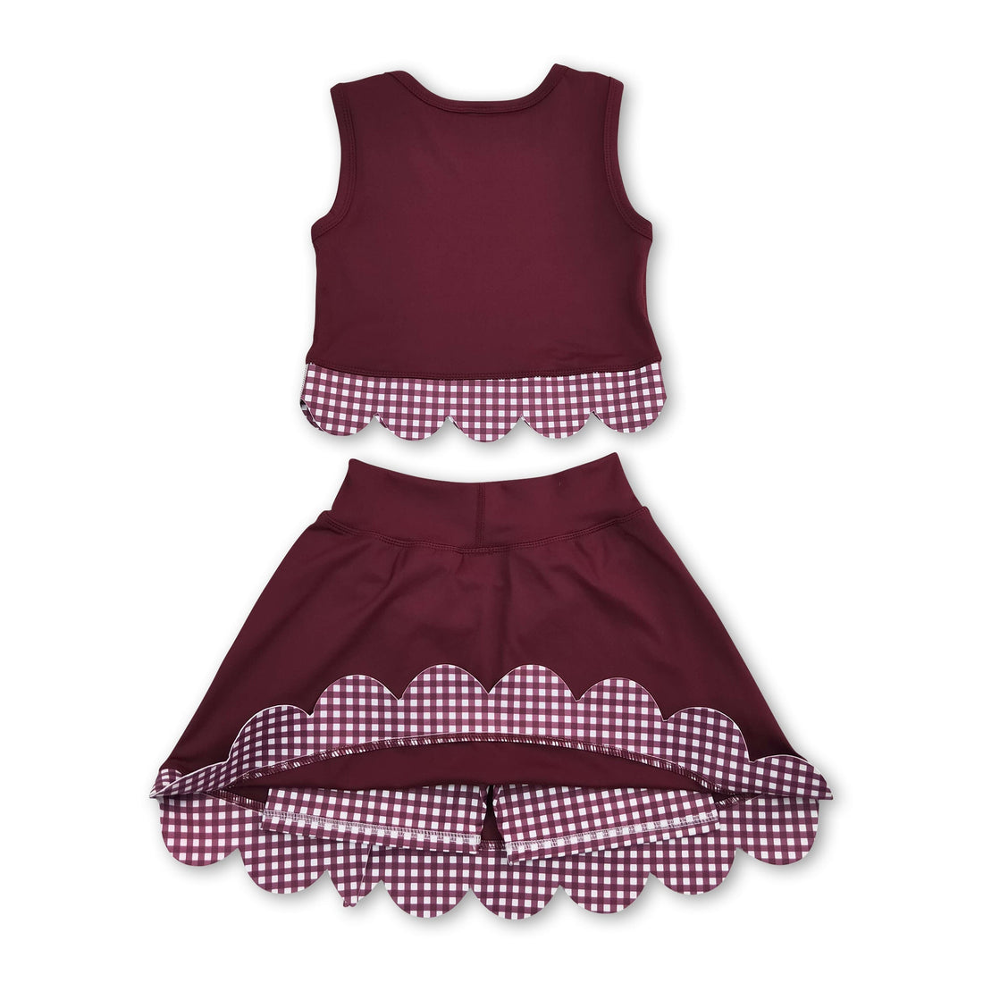 Sleeveless maroon plaid scallop girls summer active wear set