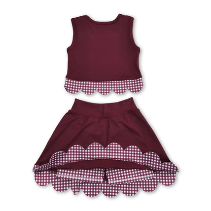 Sleeveless maroon plaid scallop girls summer active wear set