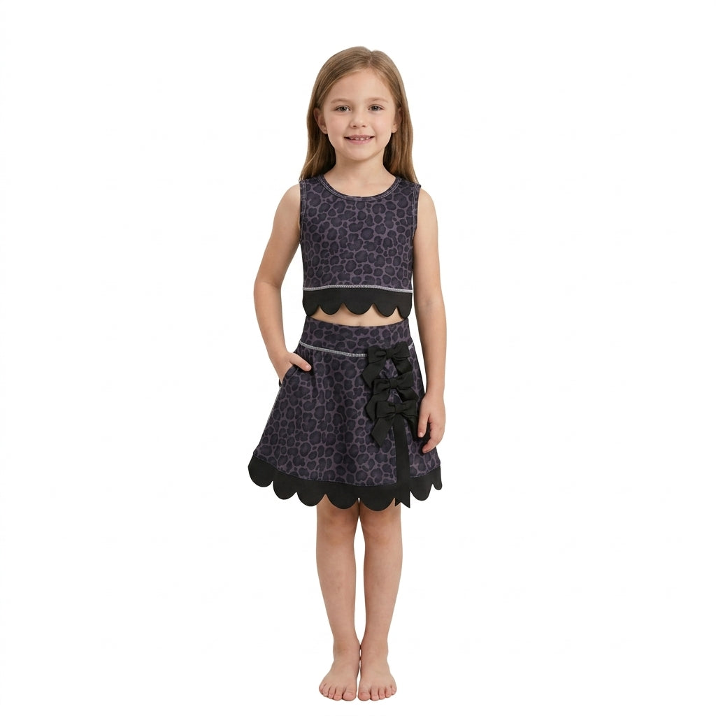 Sleeveless black leopard scallop top skirt girls active set