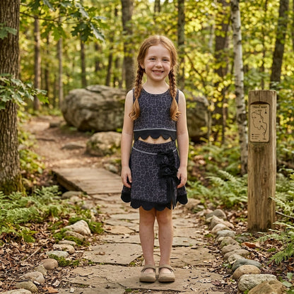Sleeveless black leopard scallop top skirt girls active set