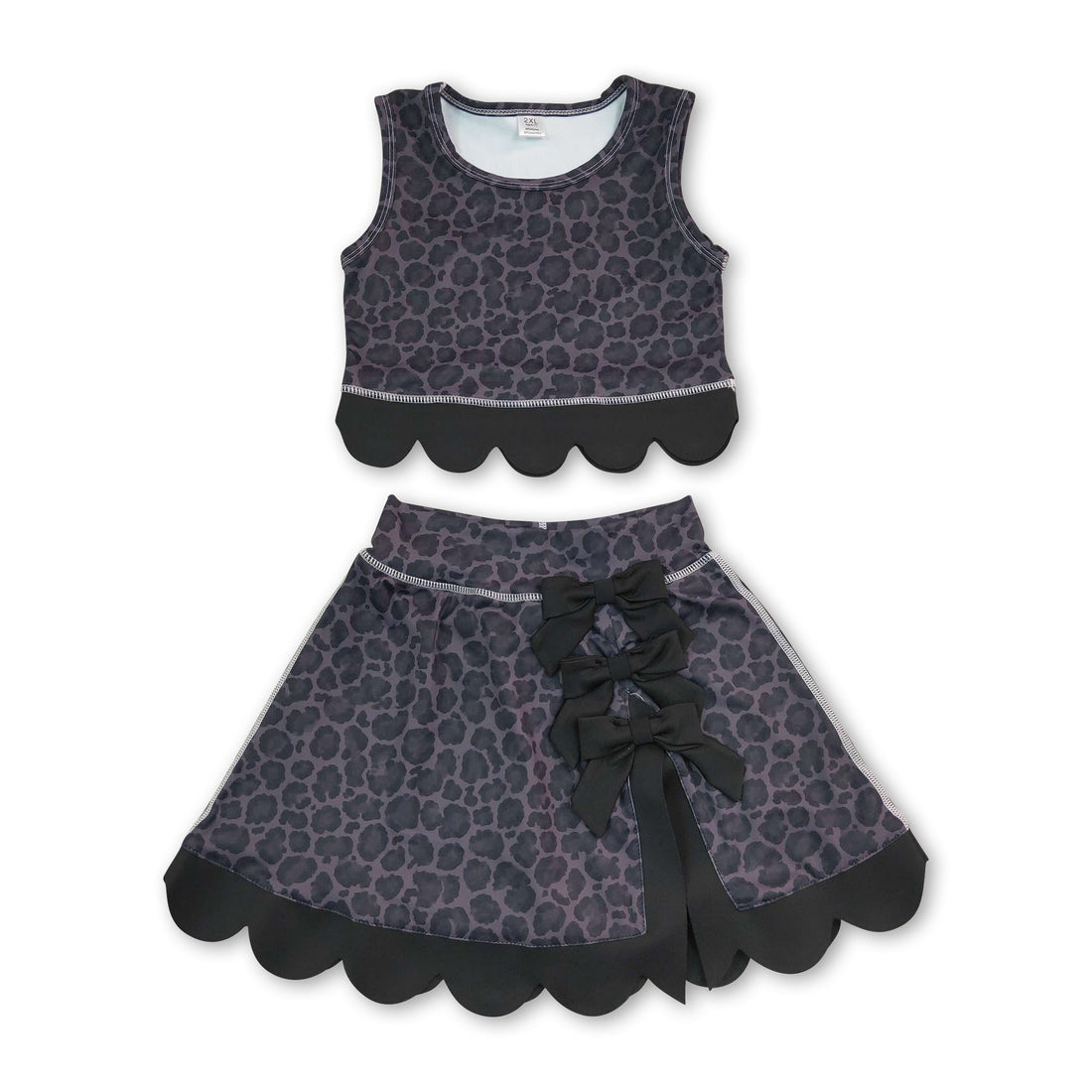 Sleeveless black leopard scallop top skirt girls active set