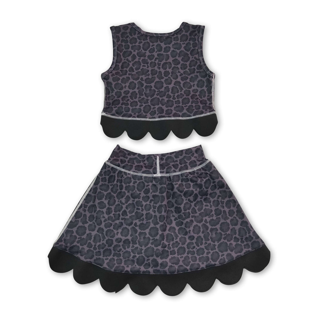 Sleeveless black leopard scallop top skirt girls active set