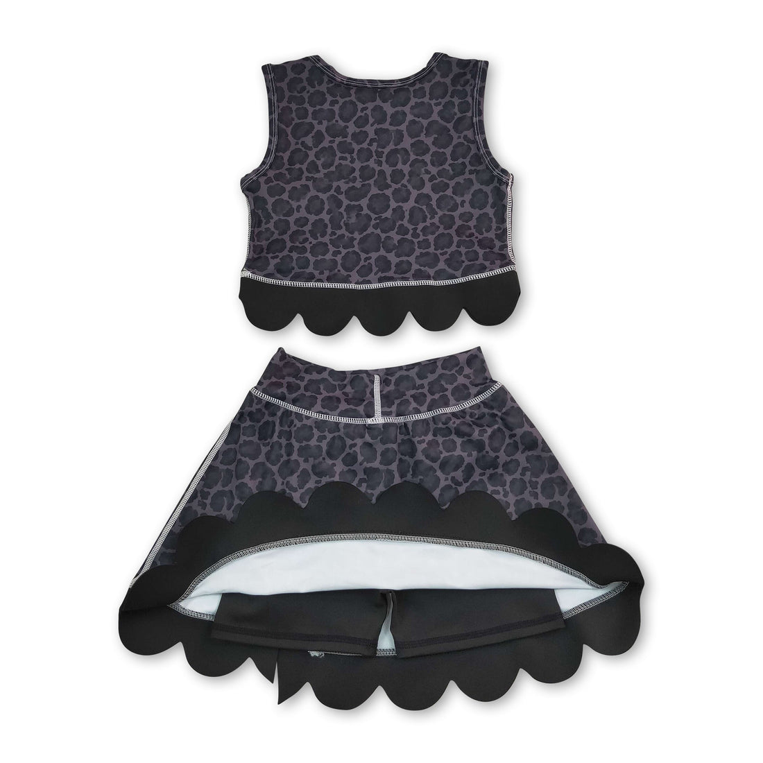 Sleeveless black leopard scallop top skirt girls active set