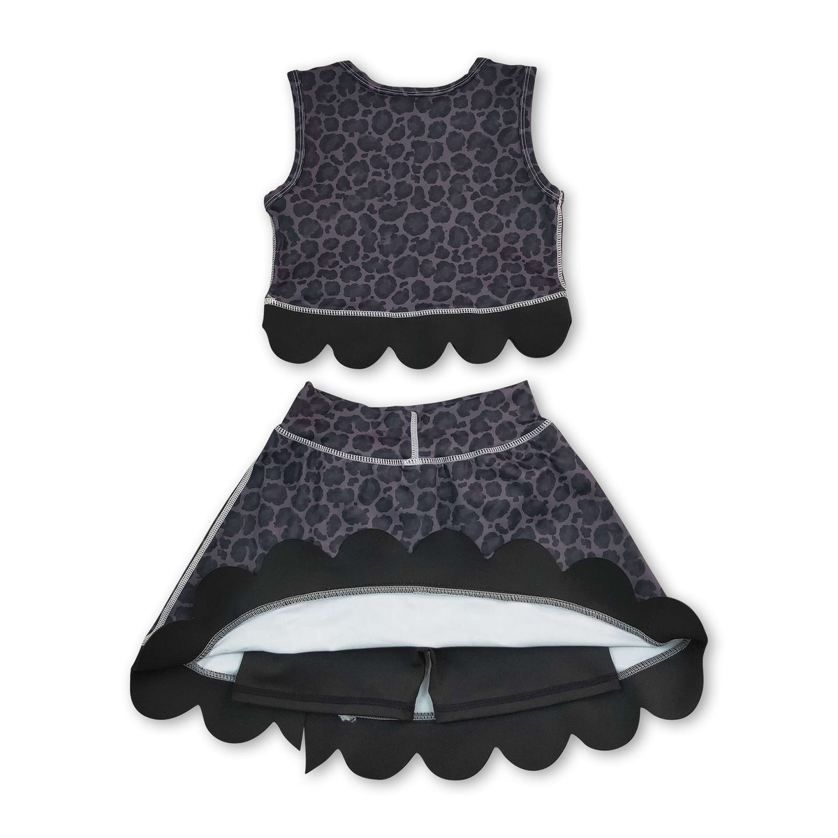 Sleeveless black leopard scallop top skirt girls active set