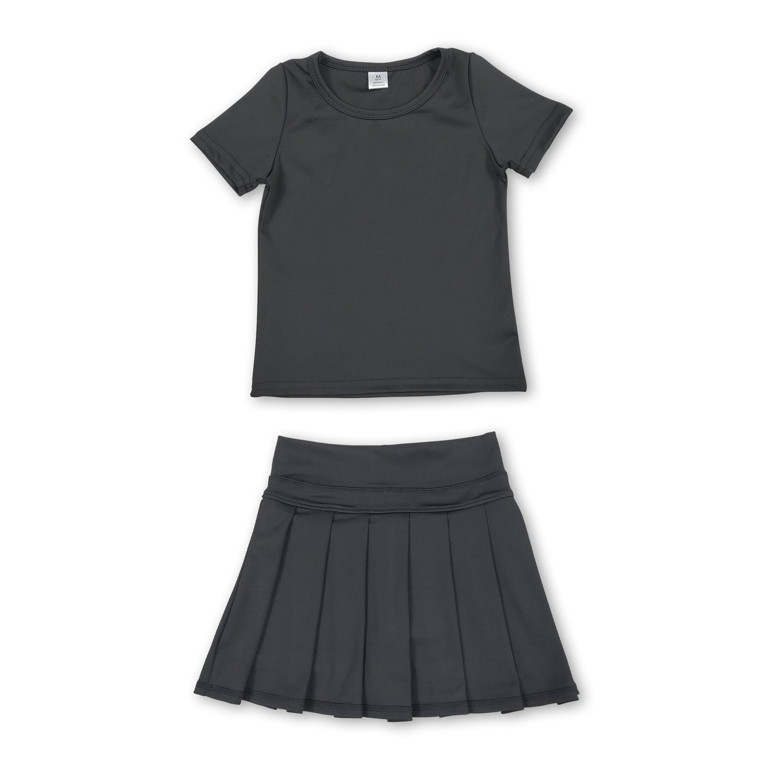 Short sleeves black top pleated skirt girls active wear set