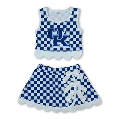 Sleeveless blue U K plaid scallop girls team active wear set