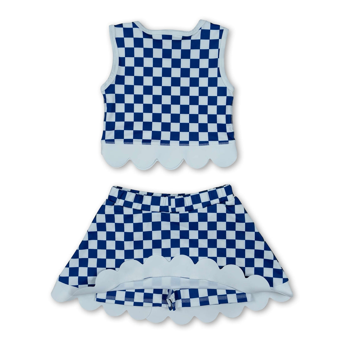 Sleeveless blue U K plaid scallop girls team active wear set