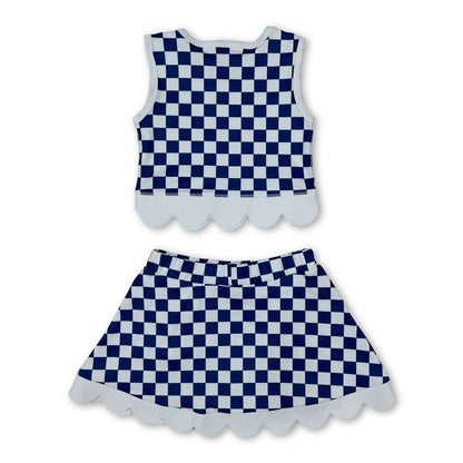 Sleeveless blue U K plaid scallop girls team active wear set