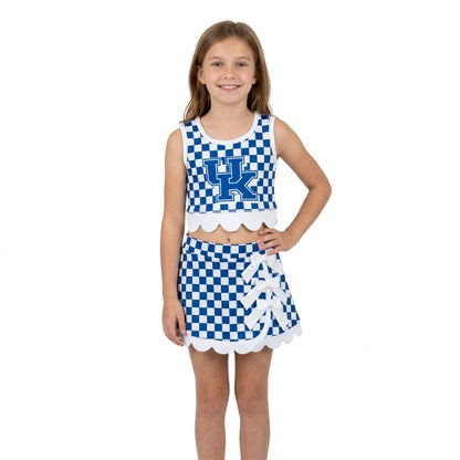Sleeveless blue U K plaid scallop girls team active wear set