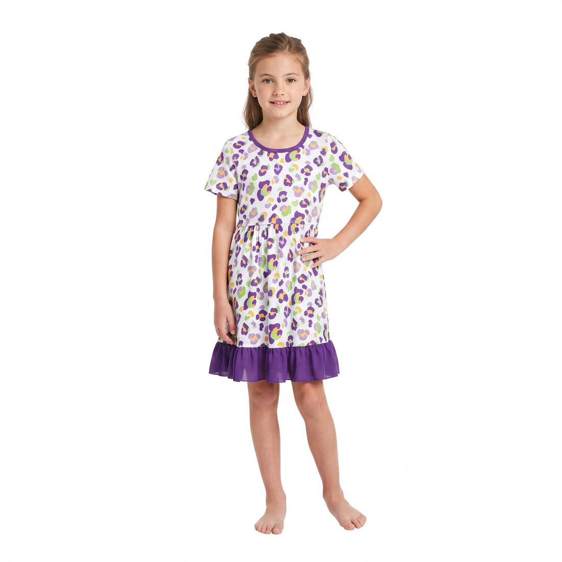 Short sleeves purple ruffle leopard girls Mardi Gras dress