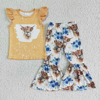 Highland cow shirt bell bottom pants girls western clothes