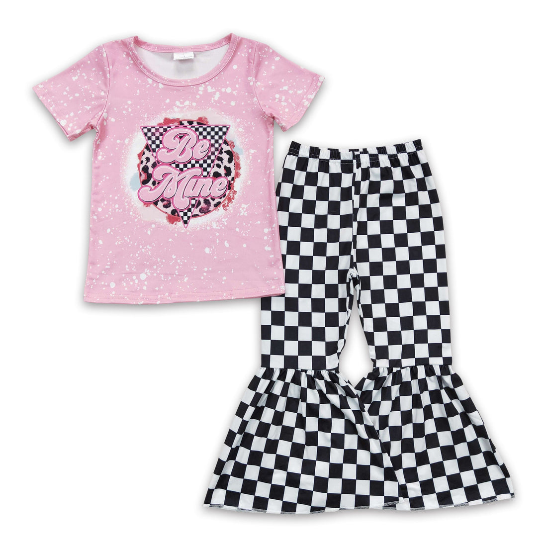 Pink be mine shirt black plaid bell bottom pants girl Valentine&