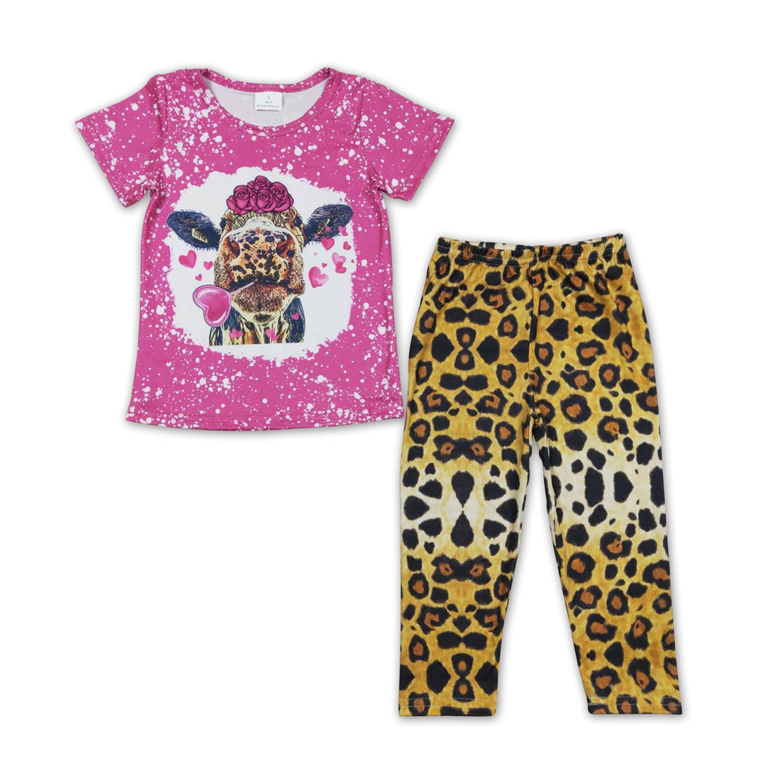 Heart cow flower shirt brown leopard leggings girls valentine&