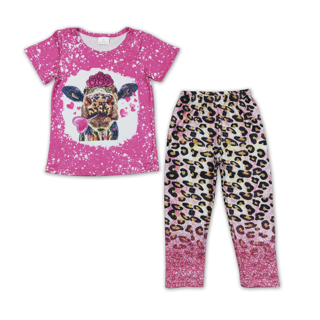 Heart cow flower shirt pink leopard leggings girls valentine&