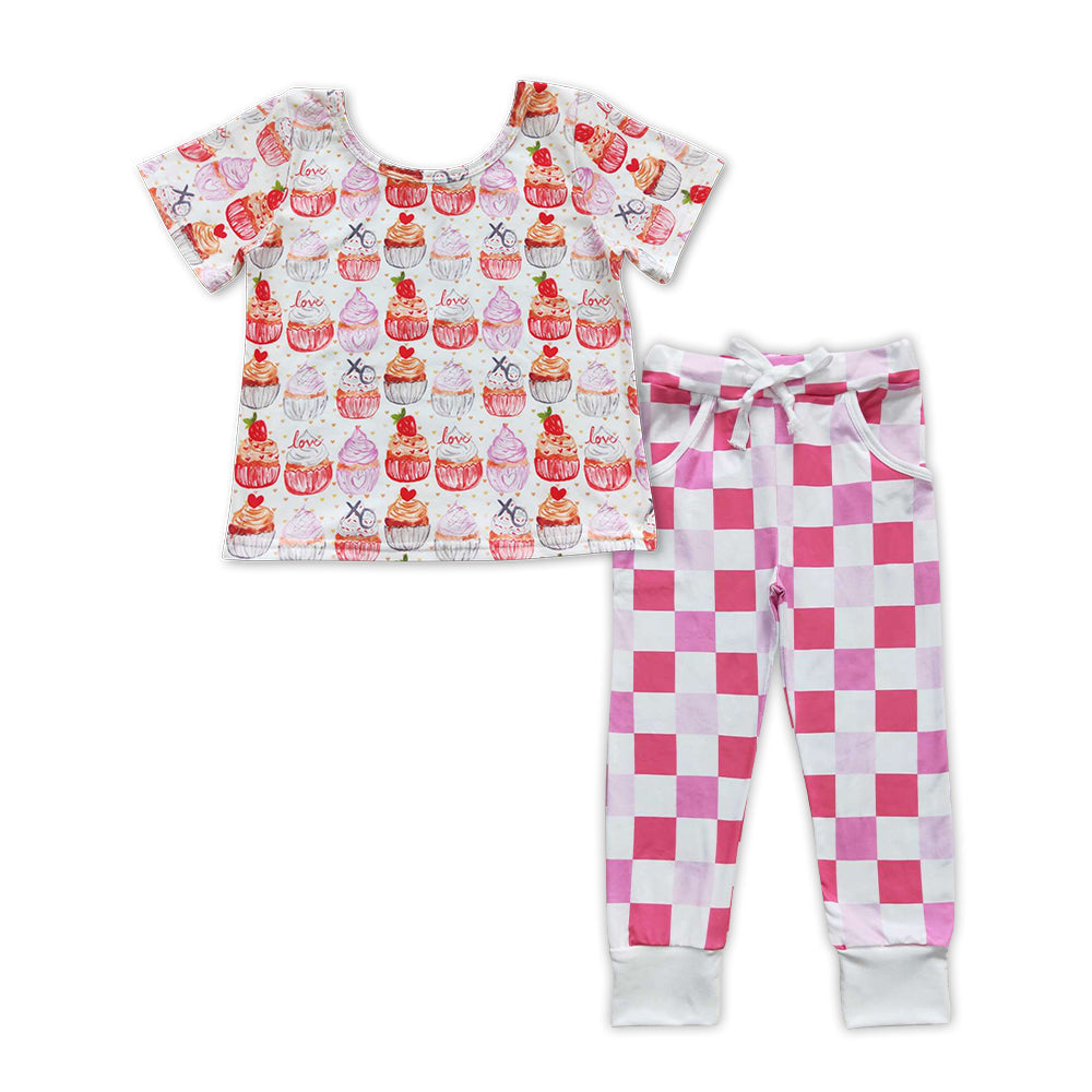 Love cake top plaid pocket pants girls Valentine&