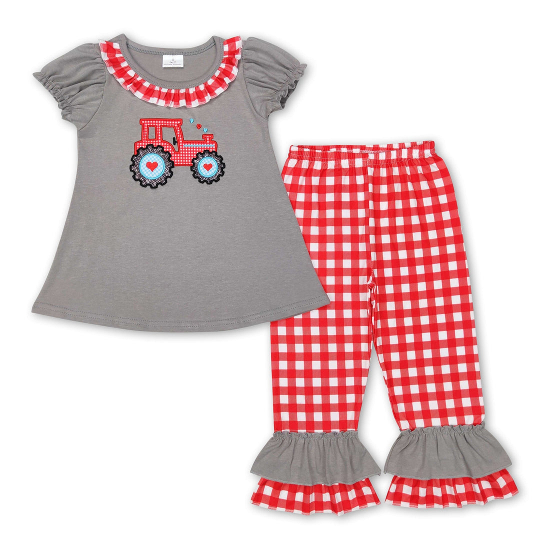 Tractor heart tunic plaid pants girls Valentine&